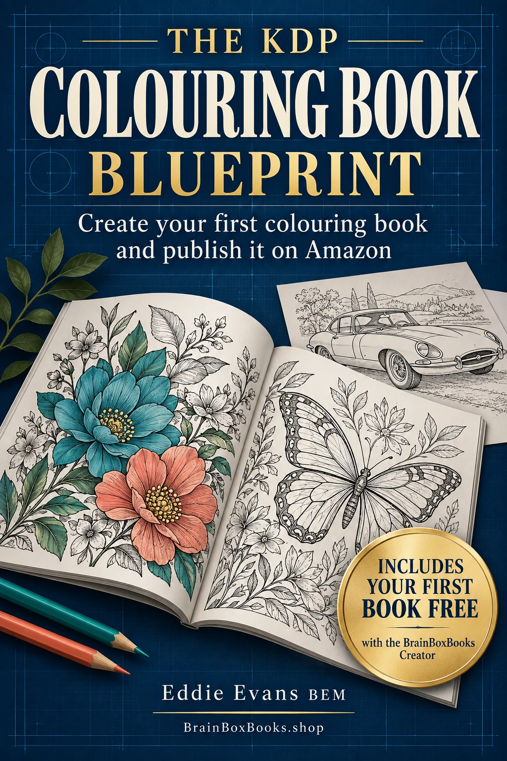 The KDP Colouring Book Blueprint by Eddie Evans BEM, navy and cream ebook cover