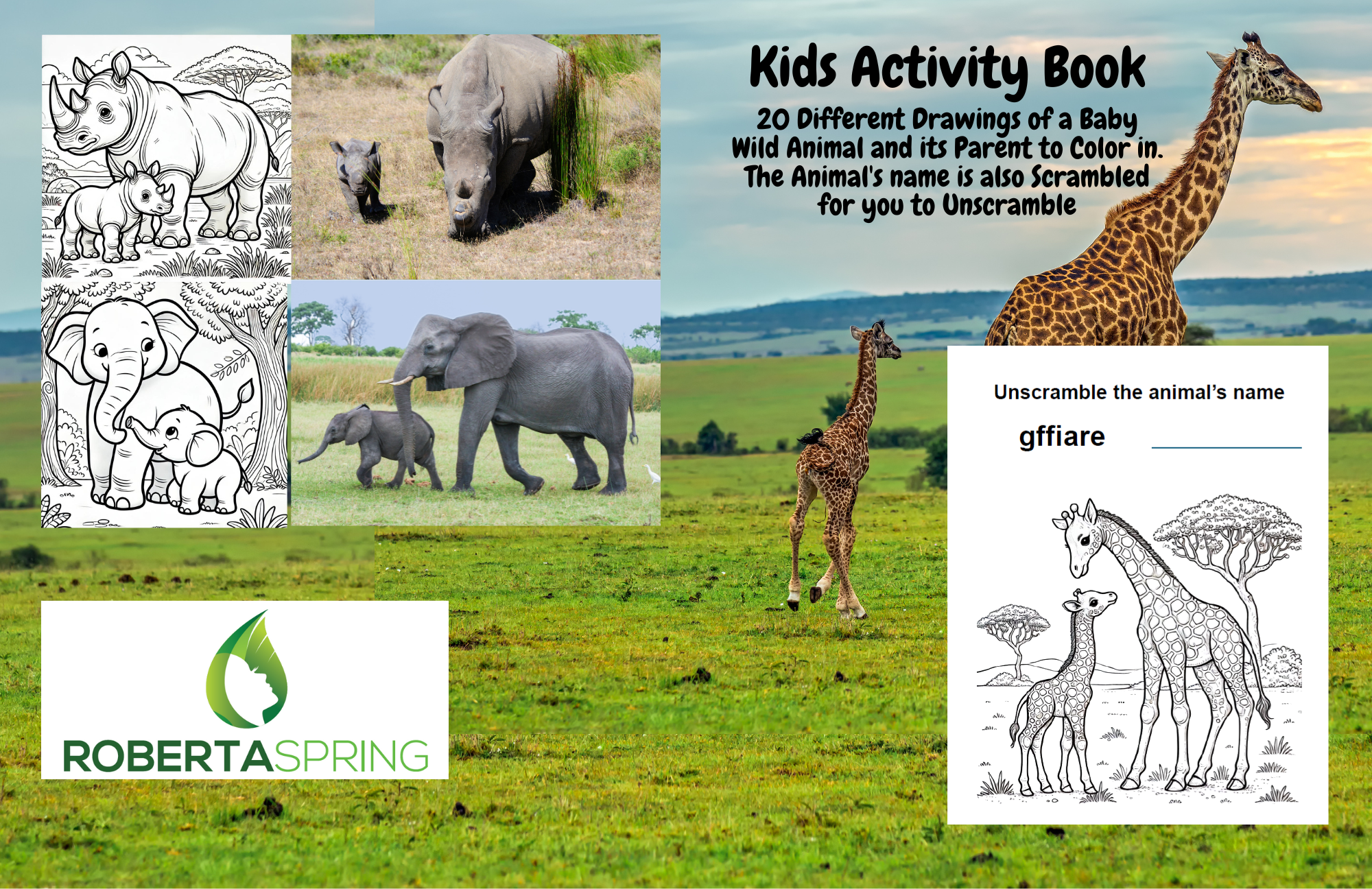 PRINT AT HOME - Kids Activity Book - 20 Different Drawings of a Baby Wild Animal and its Parent to Color in.: The Animal's name is also Scrambled for you to Unscramble