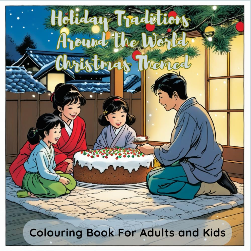 PRINT AT HOME - Holiday Traditions Around the World Christmas Themed Colouring Book For Adults and Kids Featuring 40 single sided Pages Of Holiday Traditions Around the World Christmas Themed Fun And Cute Illustrations To Colour.